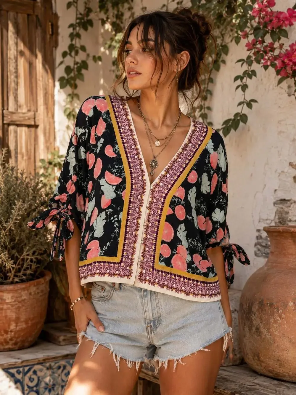 Free People Peach Print Boho Tie Sleeve Kimono Top Size M Festival